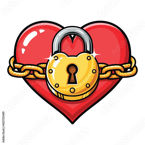 Art of heart locked with a padlock and chain, symbolizing secure love, commitment, and protection of emotions in a vibrant and colorful