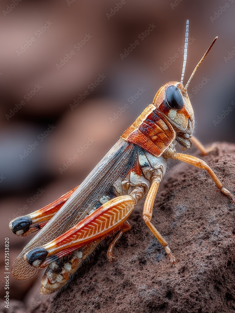 Fototapeta premium Macro of a grasshopper resting on a smooth rock