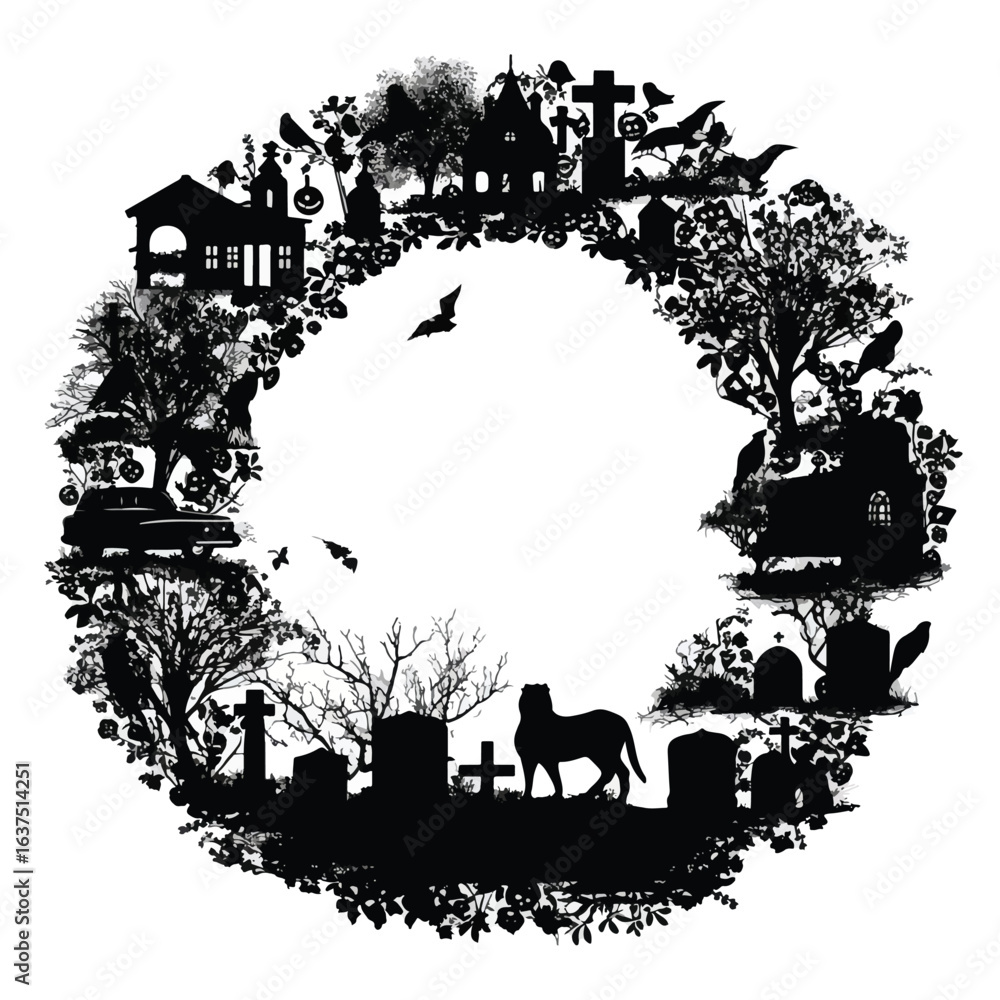 Obraz premium Vector silhouette set of Halloween Funeral Wreath isolated in White background, silhouette Set, Halloween theme, Vector illustration