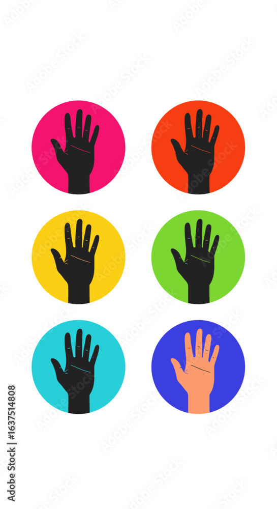 Fototapeta premium Diverse hands raised in circles representing different colors and unity