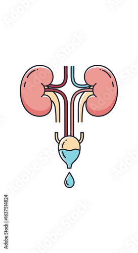 Anatomical illustration of the human urinary system showing kidneys ureters bladder and urethra with urine flow depicted