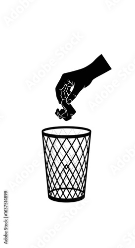 Discarding crumpled paper into a wire mesh trash can with a silhouette hand illustration