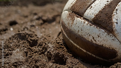Close up of a muddy volleyball sitting in thick brown mud after a game on a clay court surface