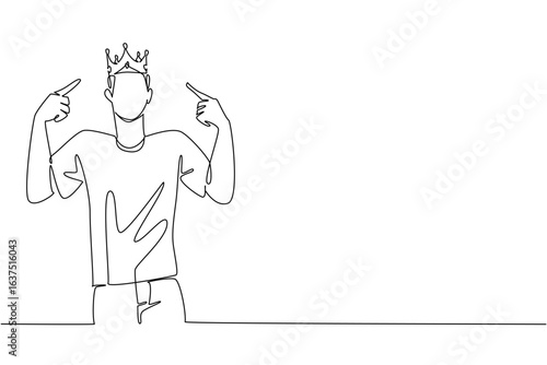 Single line drawing of a young man pointing proudly at his crown, representing ego and self-focus for World Narcissistic Abuse Awareness Day in a psychology concept with awareness message.
