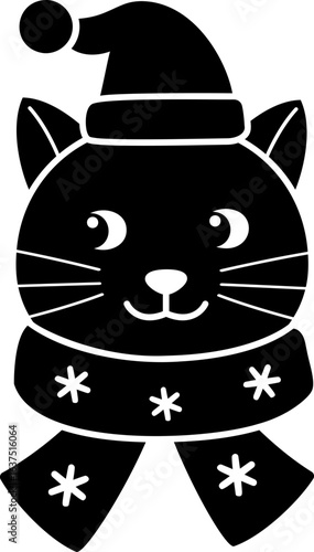 Cute Holiday cat character silhouette.
Winter Christmas cat in santa hat silhouette vector isolated.
Transparent background. svg.