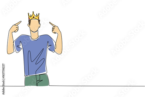 A single line drawing of a young man pointing proudly at his crown, highlighting arrogance, ego, and red flags. Ideal for World Narcissistic Abuse Awareness Day in a psychology and behavior concept