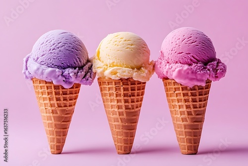 Three colorful scoops in waffle cones.