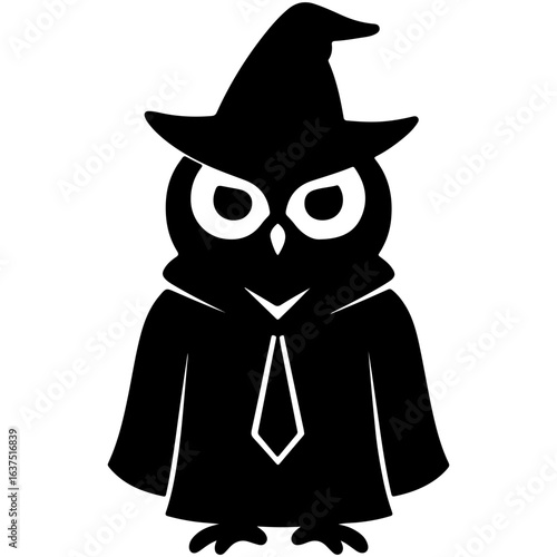 Owl in wizard robes silhouette vector art with white background