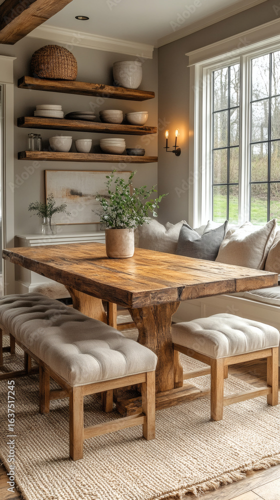 Fototapeta premium Rustic farmhouse dining room with modern metallic touches and warm lighting wallpaper