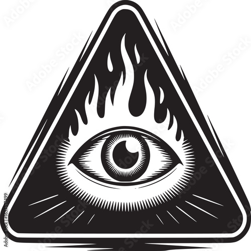 A black and white illustration of an eye inside a triangle with flames on a white background