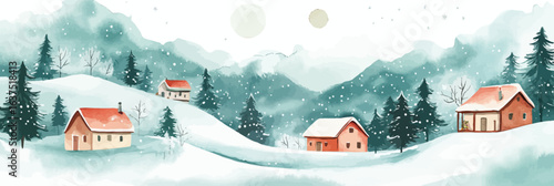Winter snowy landscape with cozy houses and pine trees in peaceful rural mountain setting with falling snowflakes and misty background illustration