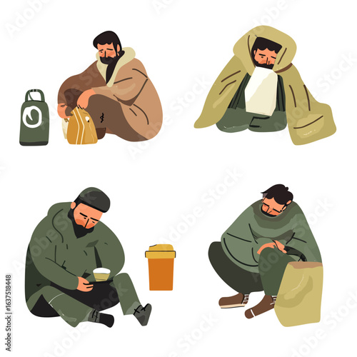 Homeless men sitting or crouching in different poses wrapped in blankets and warm clothing holding bags and cups in flat minimalist vector style