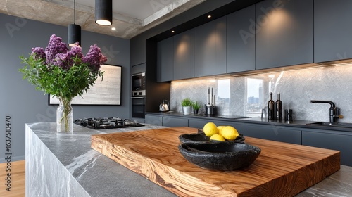 Kitchen with a countertop made of wood and a vase of purple flowers on it. The kitchen is modern and has a clean, minimalist look