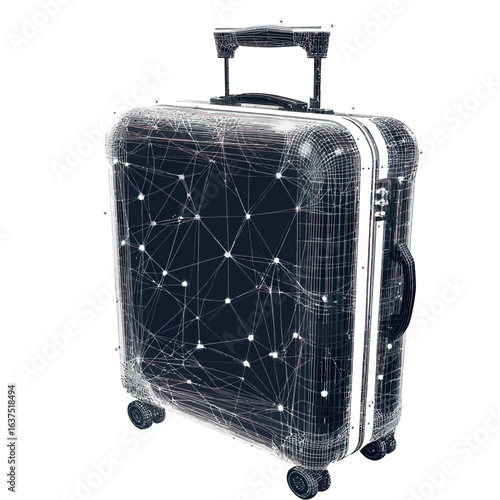3D wireframe digital low poly mesh black suitcase with wheels and extendable handle isolated on white background for travel and business trip concept digital design vector illustration