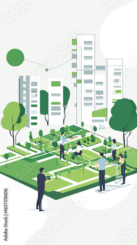 Urban planners collaborating on green space design with scale model and aerial maps in modern city environment vector illustration