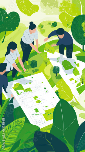 Urban planners collaborating on green space design with architectural blueprints and scale models in minimalist flat vector style illustration