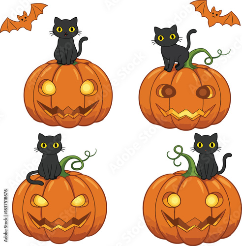 Cute Black Cats Sitting on Jack-O-Lantern Pumpkins with Bats - Halloween Cartoon Vector Set