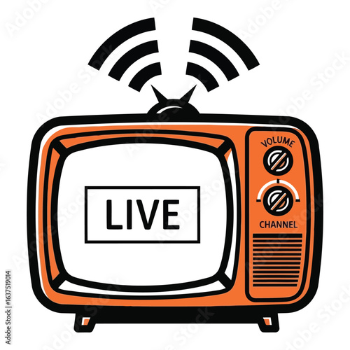 Art of retro television with live broadcast isolated on white background, representing vintage media, entertainment, and classic communication technology