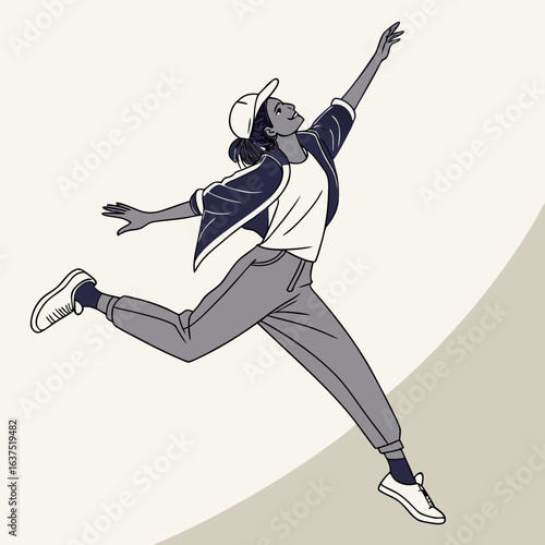 A young man in a baseball cap shirt and pants jumping up in the air
