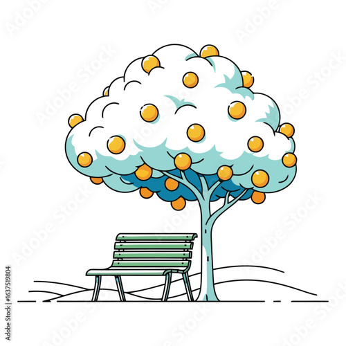 Art of orange tree with a bench isolated on white background, offering a peaceful spot for relaxation and enjoying the beauty of nature