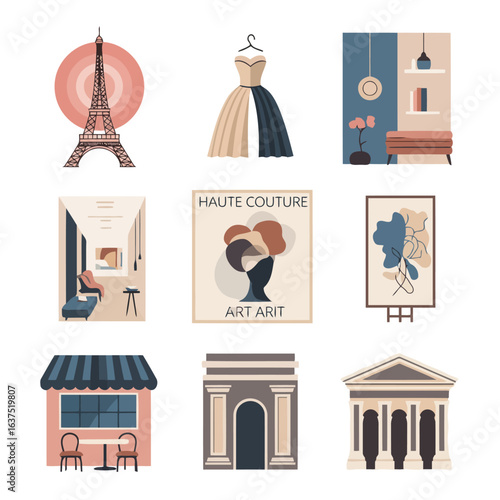 Nine icons themed around Paris Design Week the iconic Eiffel Tower, a haute couture gown, a minimalist interior, abstract contemporary art, a classic Parisian cafe, and elegant classic architectural