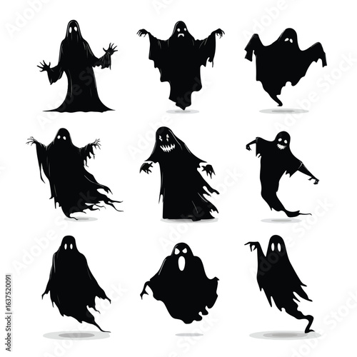 Vector silhouette set of Halloween Ghost isolated in White background, silhouette Set, Halloween theme, Vector illustration