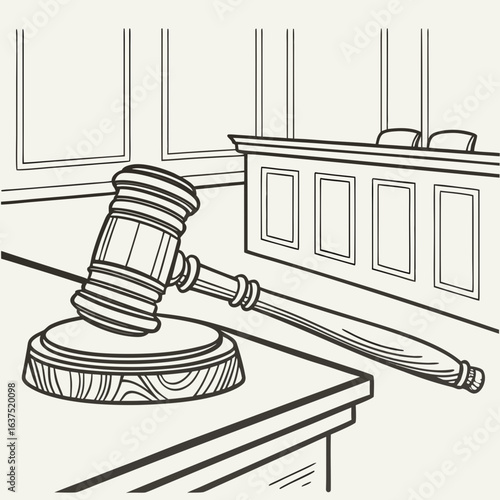 A Line Drawing of a Gavel and Sound Block in a Courtroom