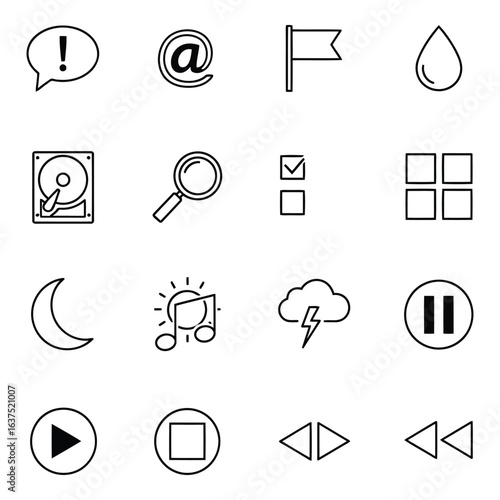 Art of set of interface icons isolated on white background, including multimedia, search, and communication symbols for web design and application development