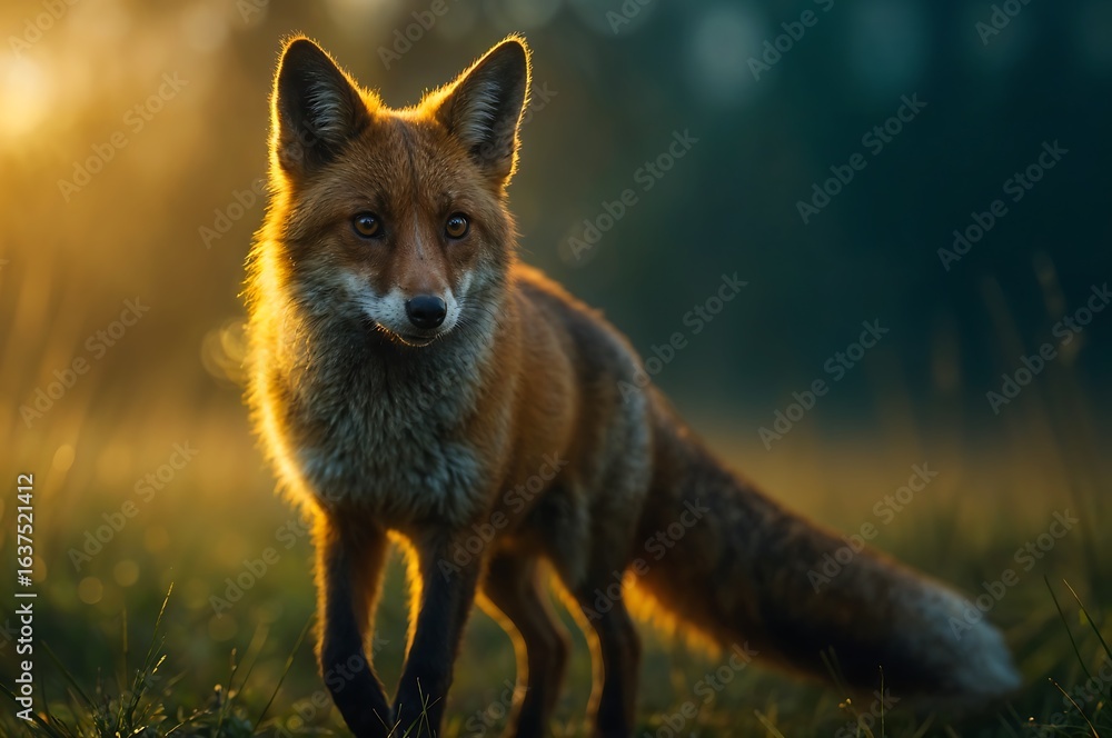 Fototapeta premium Alert Red Fox Walking Through Grassy Field at Sunset in Warm Light