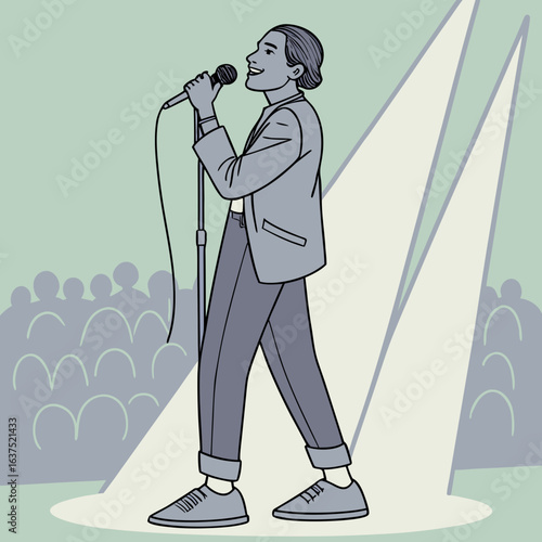 Cartoon style illustration of a man singing into a microphone