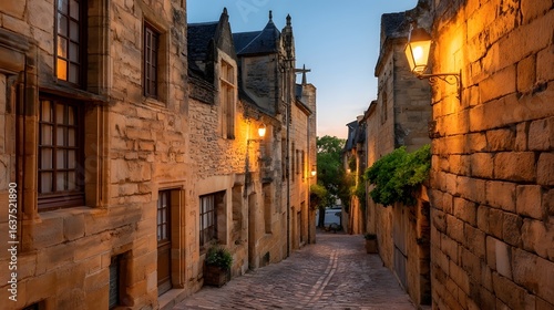 Fototapeta Naklejka Na Ścianę i Meble -  A narrow, stone-lined alleyway bathed in the warm glow of twilight.