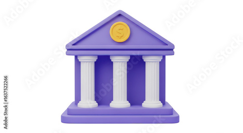 Cartoonish 3d illustration of a bank building with pillars and a dollar coin