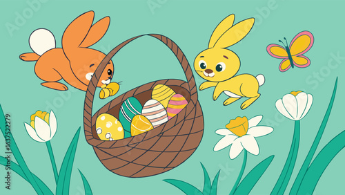 Cartoon Easter Scene with Bunnies Basket Eggs Butterfly and Flowers.