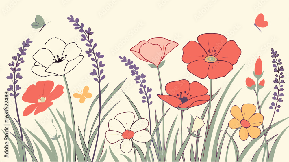 Fototapeta premium Colorful Floral Meadow with Butterflies and Lavender Illustration.