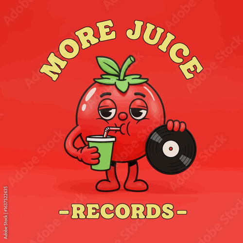 More Juice Records: Tomato Character with Vinyl Record and Drink 3D Vector Illustration