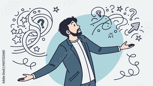 Confused Businessman Surrounded by Question Marks Stars and Idea Symbols.