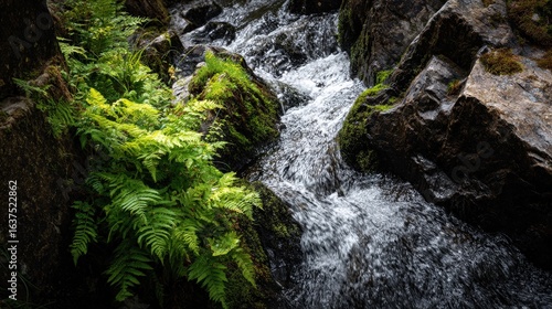 Fototapeta Naklejka Na Ścianę i Meble -  Close-up of water flowing over jagged rocks with green ferns growing nearby in a European woodland waterfall