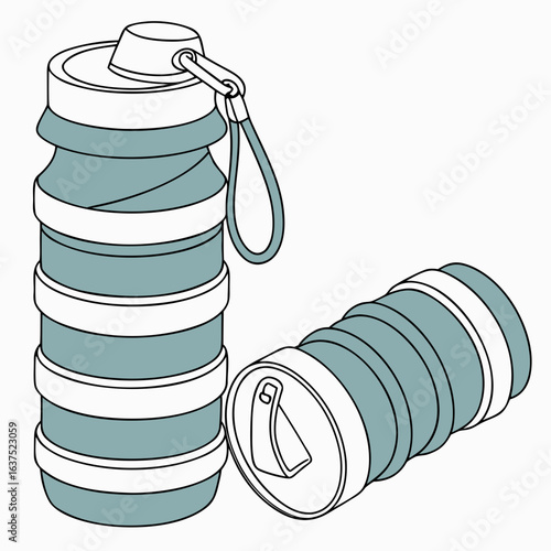 Two collapsible silicone water bottles and a beverage can in a modern isometric illustration style