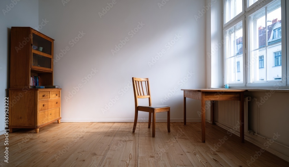 Fototapeta premium Empty room with wooden furniture and light streaming in