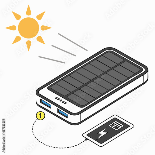 Illustration of a solar powered portable charger charging a mobile phone with sunlight