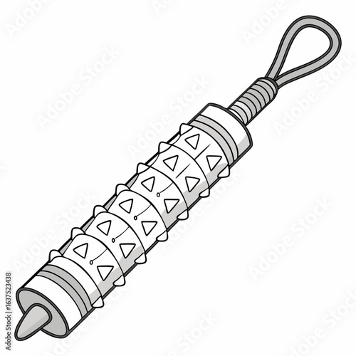 A stylized black and white illustration of a medieval flail weapon with a spiked head and a loop for a handle