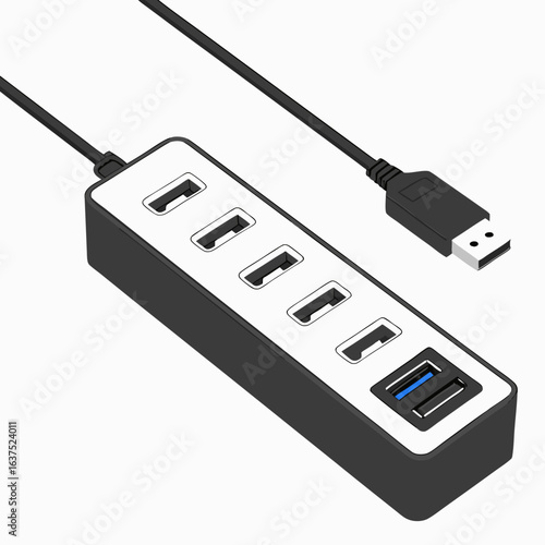 Modern black usb hub with multiple ports and a connected usb cable on a white background