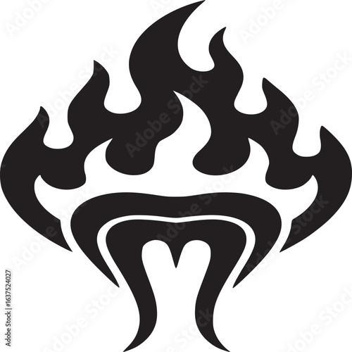 A stylized black and white image of a flame design with a unique bottom section element shape