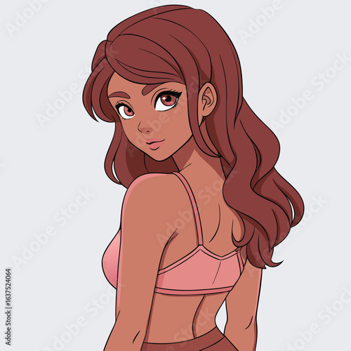 Anime style illustration of a young woman with long wavy brown hair and red eyes looking over her shoulder