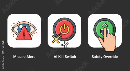 Set of AI safety icons showing misuse alert, kill switch, and human safety override.