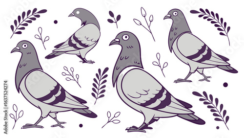 Four Cute Cartoon Pigeons with Floral Accents.