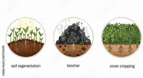 Regenerative agriculture icons showing soil health, biochar amendment, and cover crops