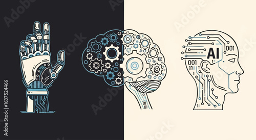 Conceptual illustrations of artificial intelligence, a robotic hand, and a human cyborg brain