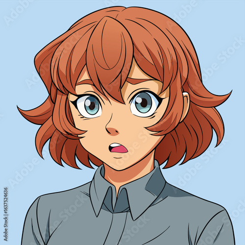 Anime Style Young Woman with Short Brown Hair and Wide Eyes cartoon girl
