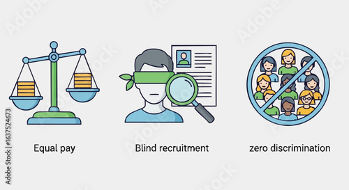 Vector icons for fair hiring practices, including equal pay and zero discrimination policies